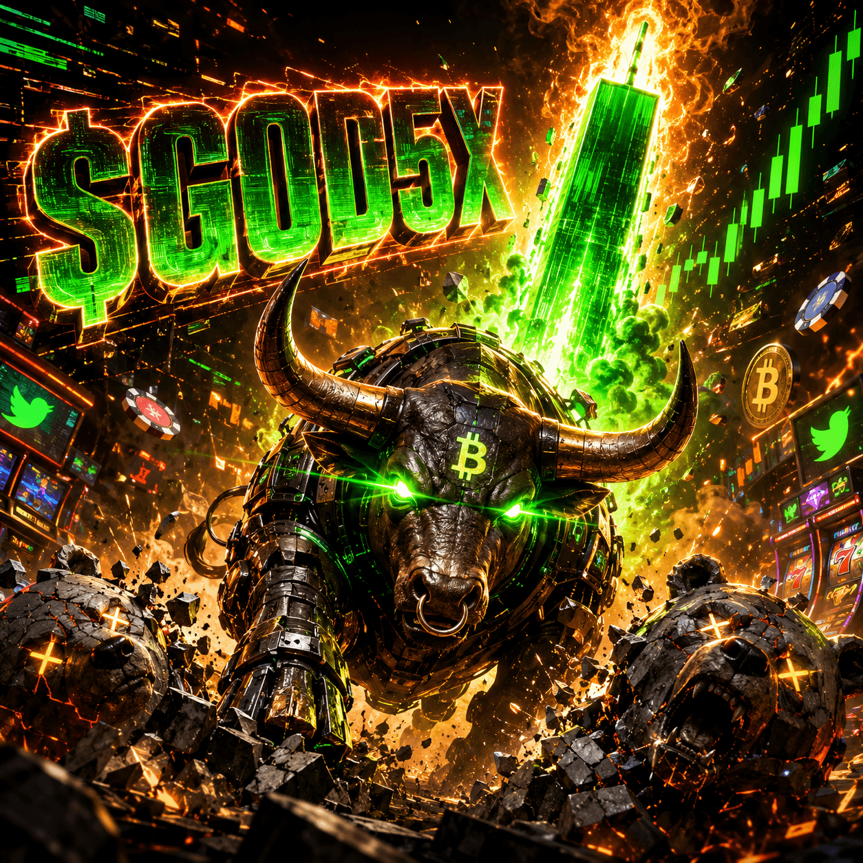 GOD5X token artwork with a neon Bitcoin bull and green god candle
